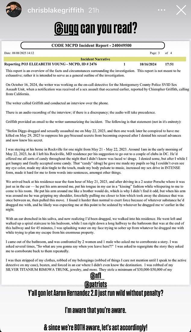 Griffith shared a screenshot of a police report he filed detailing his allegations on Instagram
