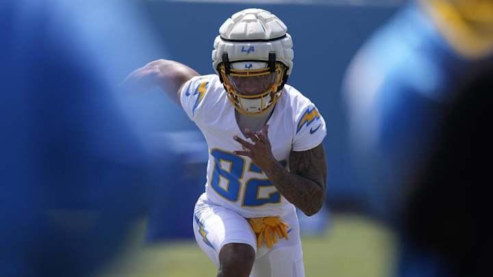 Chargers wide receiver Brenden Rice runs a drill at rookie minicamp on Friday.